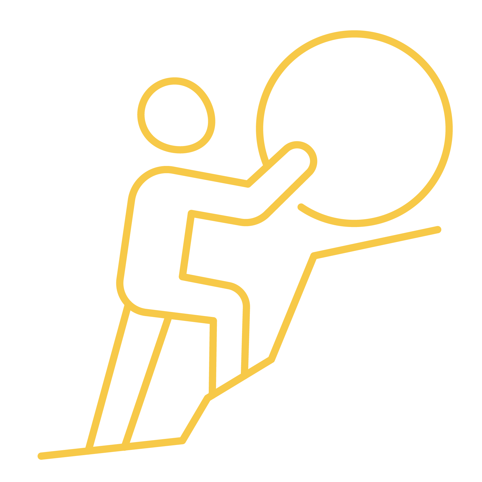 Line icon of a person pushing a large circle uphill, symbolizing effort and perseverance.