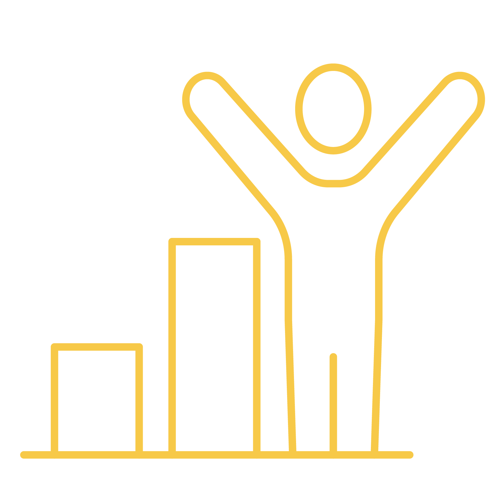 Line icon of a person celebrating beside a rising bar chart, symbolizing progress and success.