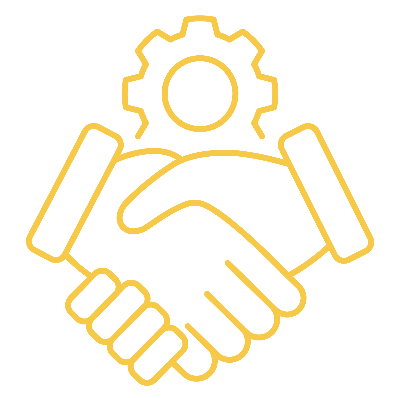 Line icon of a handshake with a gear above it, symbolizing partnership and operational support.