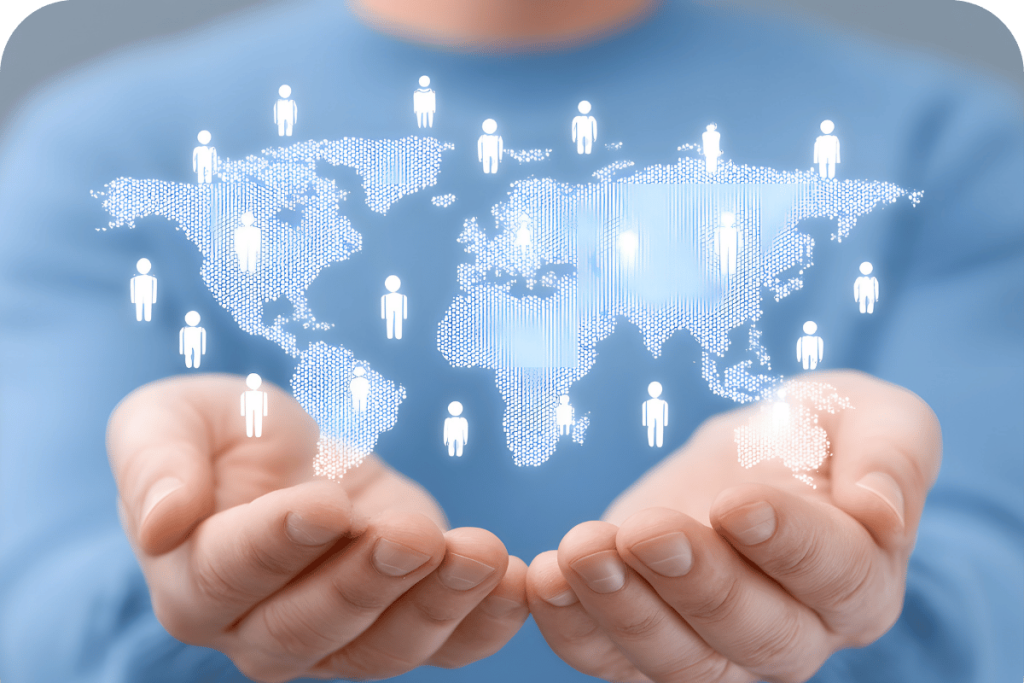 Hands holding a digital world map with glowing human icons representing global teams.