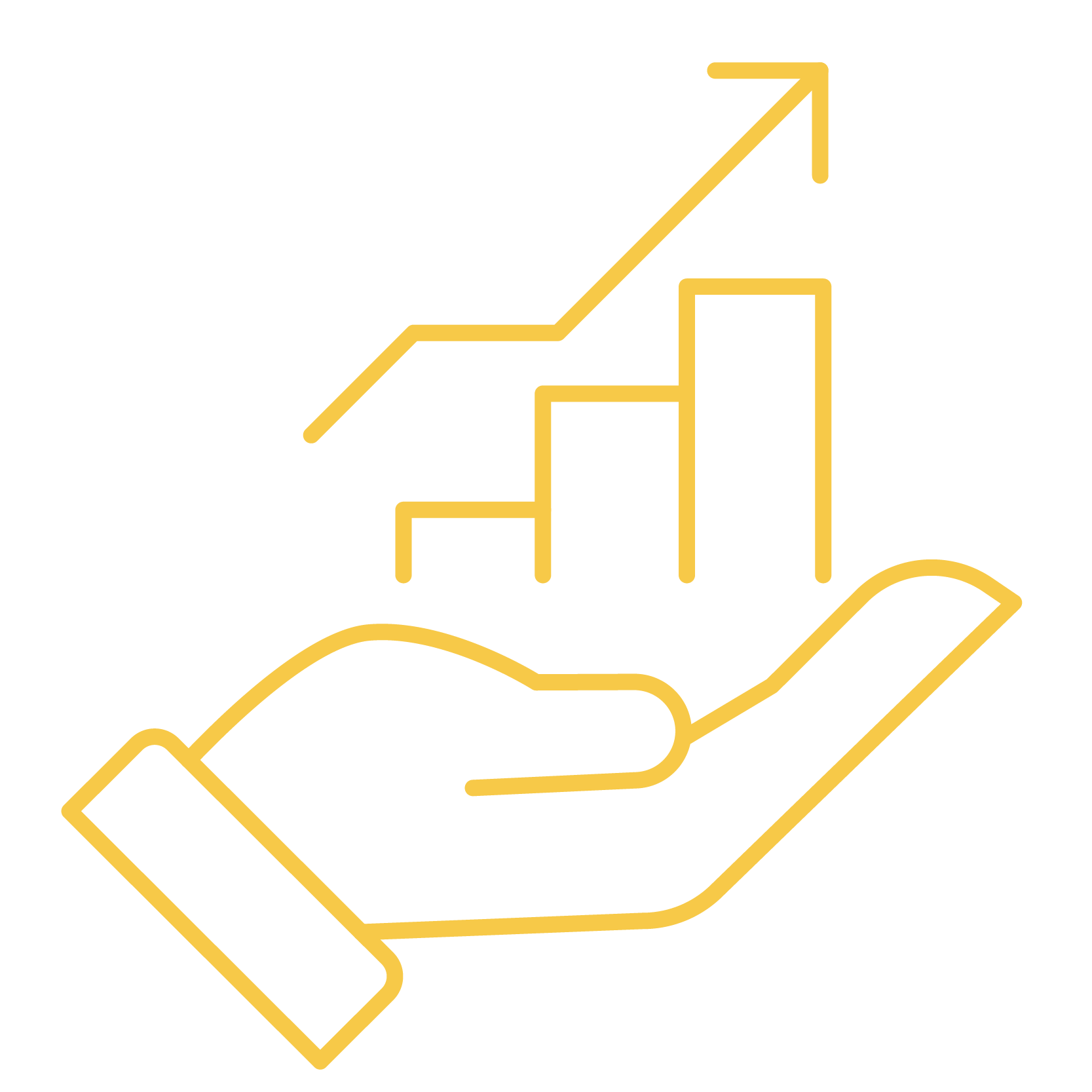 Outline of a hand holding rising bar charts with an upward arrow, symbolizing growth or financial success.