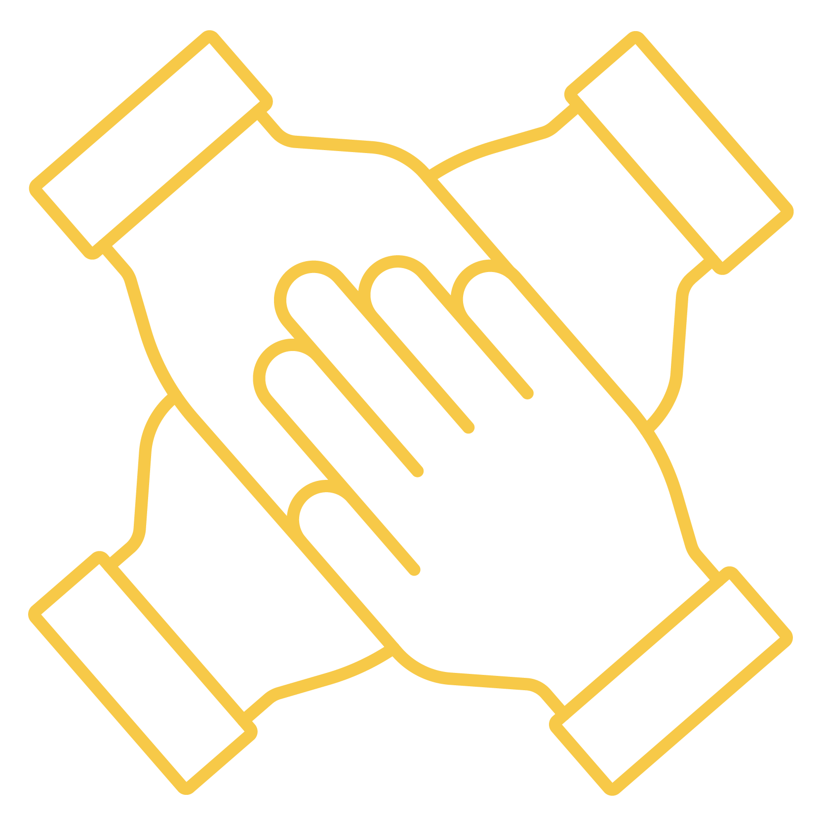 Outline of three hands stacked together, symbolizing teamwork and unity.