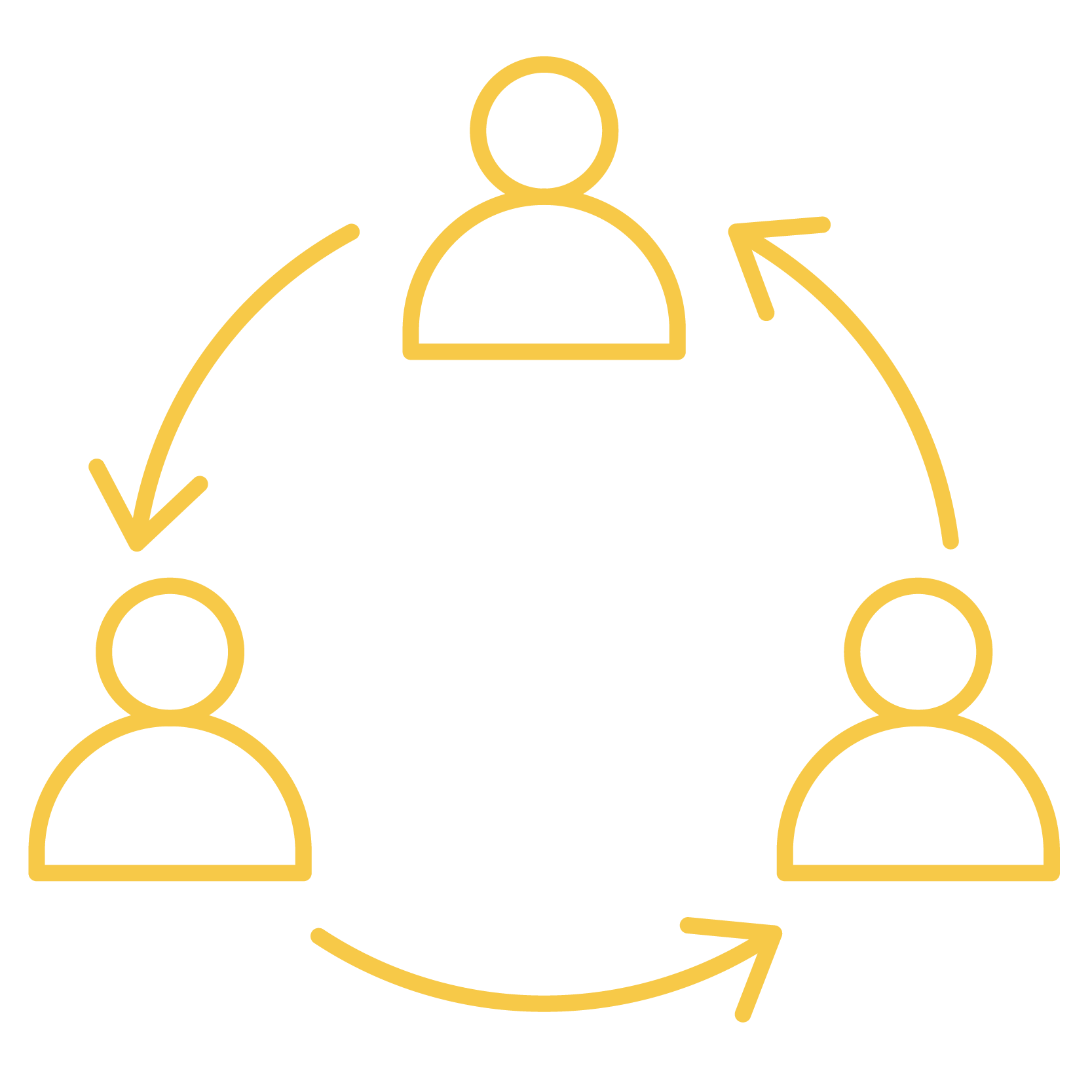 Outline of three people connected by circular arrows, representing collaboration or continuous teamwork.