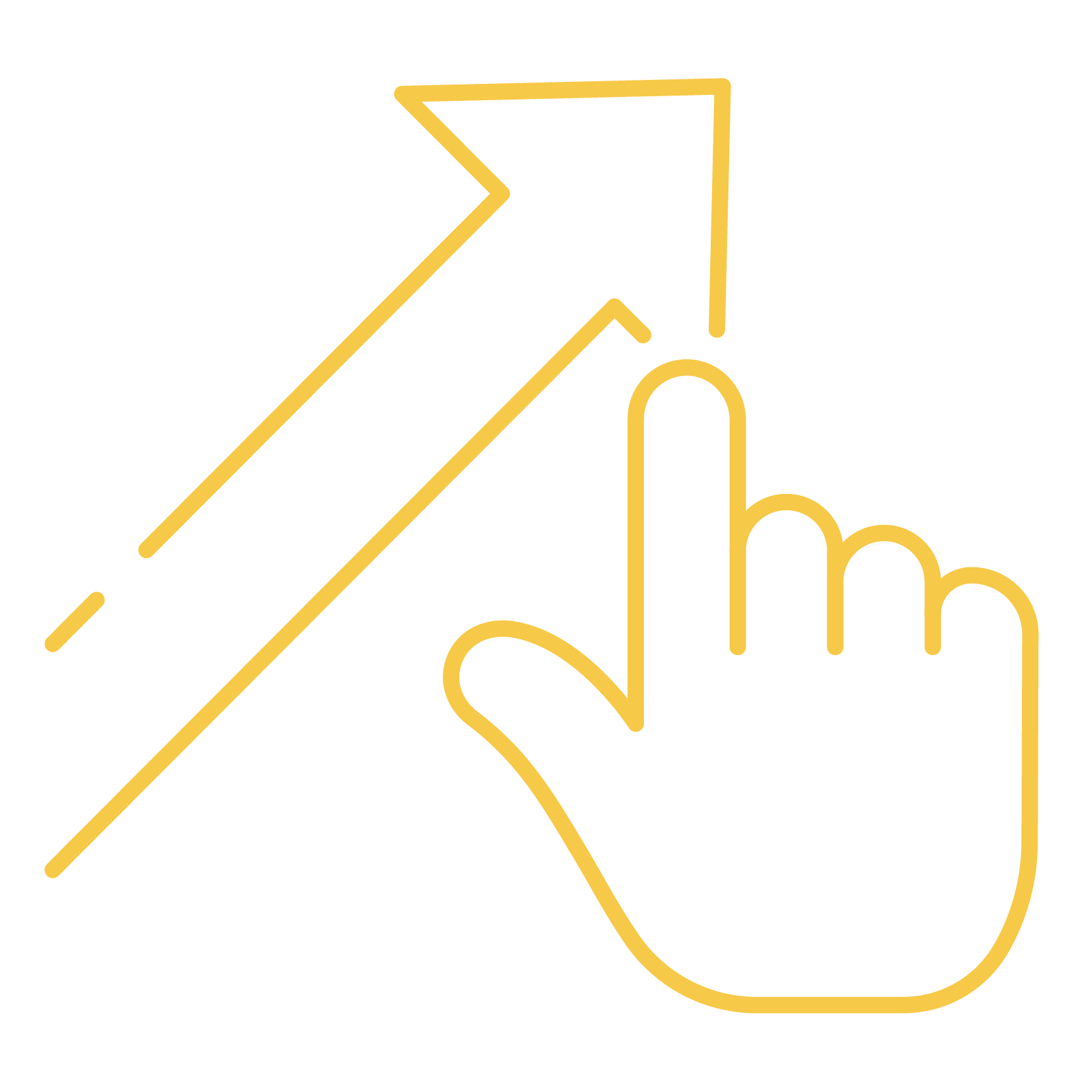 Outline of a hand pointing upward beside a rising arrow, symbolizing growth and momentum.